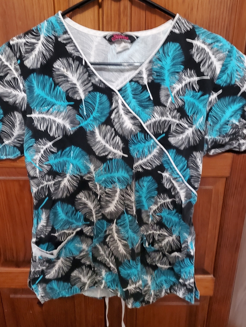 Teal & White Feathered Scrub Top